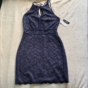 NightWay Navy/Nude Lace Halter Sequined Dress never worn New with tags Size 14